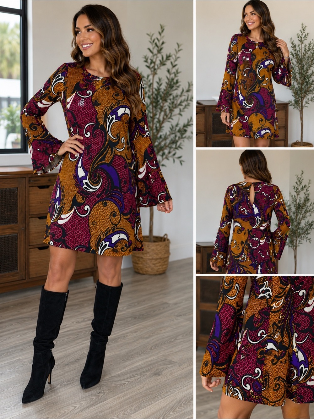 Beige by eci Retro Paisley Bell Sleeve Shift Dress | Size 8